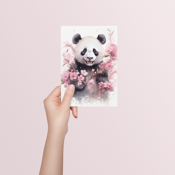 Watercolor Panda Bear With Flowers Portrait Wall Art Illustration Print Unframed - Picture 5 of 6